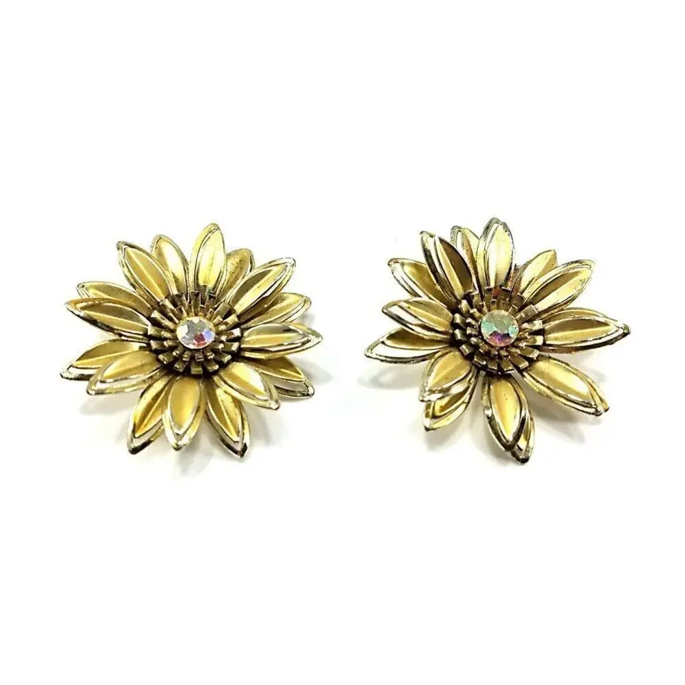 Vintage 1960s Gold Flower Clip Earrings Aurora Borealis Rhinestone